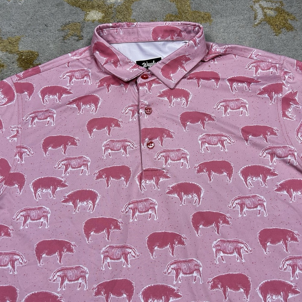 Waggle Polo Shirt Men's Large Pink Pigs All Over Print golf Performance Logo